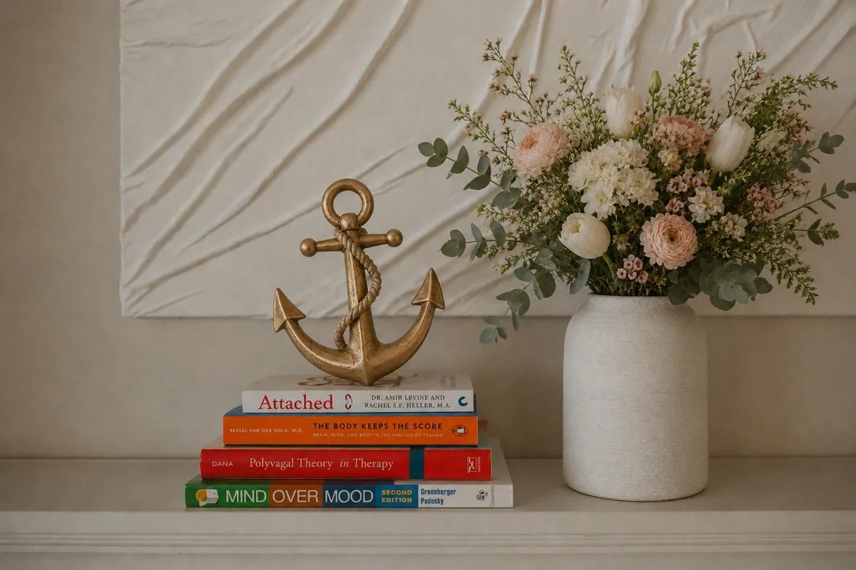 Anchor & Bloom brand detail: anchor, books, and flowers