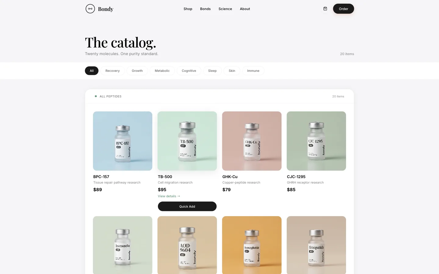Bondy shop: the catalog, browsable by compound